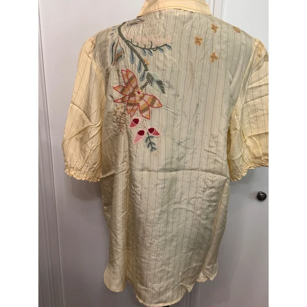 Johnny Was Yellow Smocked Lisbon Shirt Sarai Silk Embroidered Blouse W11425-4 L